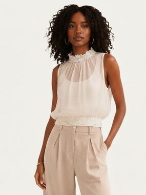 NWT Fabric Mache Ivory Sheer Floral Applique Crop Top Open Back S